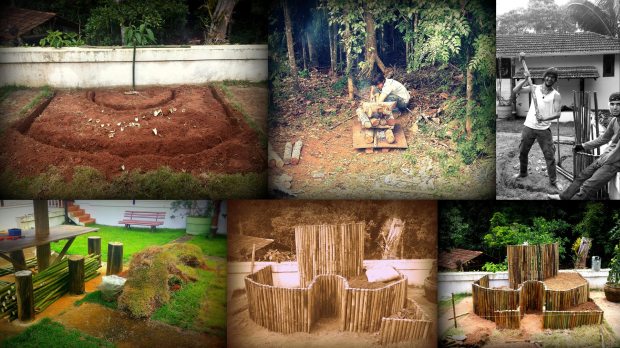 (top left) the African Keyhole dugout outline; (bottom left) bamboo & removed grass; (top middle) Ígor drying bamboo sticks; (top right) Ígor & Guilherme hammering the bamboo into place; (bottom middle) already started filling in the earth humus mixture; (bottom right) almost finished