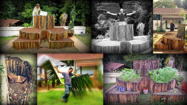 (top left) Monica is adding compost; (bottom left) looking into the compost pile; (bottom middle) happiness dance by Ígor; (top middle) I landed in the compost pile; (top right) Antonio is planting & watering; (bottom right) our thriving carrots