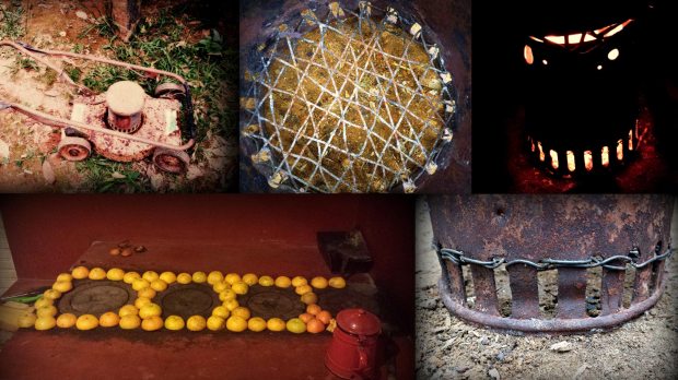 (bottom left) our wood stove in Capijuma decorated with orange peals by Antonio; (top left) getting the round middle part from this old lawn mower; (top middle) woven write; (bottom right) wire secured to the air holes; (top right) bottom and top airholes