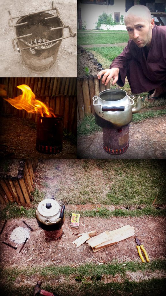(top left) metal frame to hold the kettle & allow better air circulation; (left middle) creating a hot fire; (top right) questioning look from Antonio; (bottom) continuing the optimization of the fast cooker