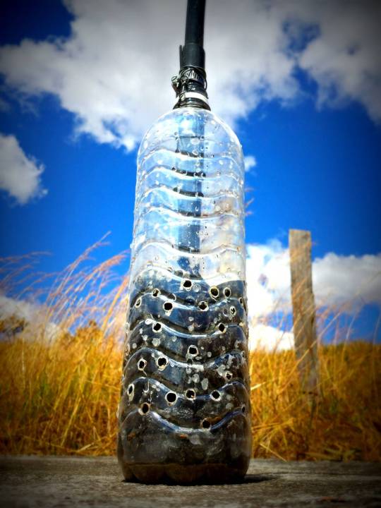 The water in the well is clean, so technically the filter is only meant to keep things from getting sucked into the pipe. We used a 1.5 liter water bottle, made some holes in the lower third, added gravel stones, and put in the pipe that will pull out the drinking water from the well and carry it down to the houses.