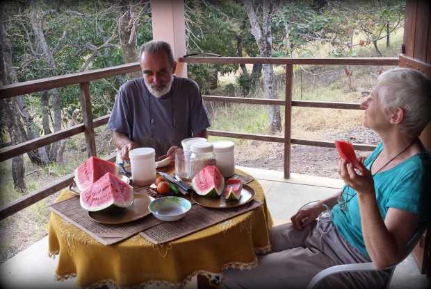 For weeks we have been eating 3-4 watermelons per week and since the world cup it has been watermelon + popcorn time. Richard (left) & Monica (right) enjoying the inaugural melon at the property.